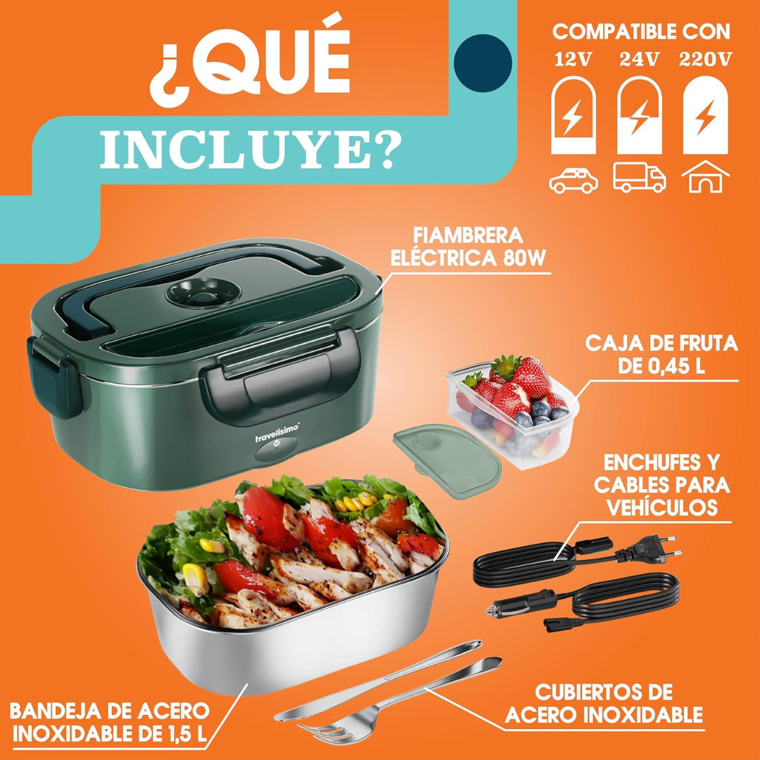 Fiambrera Eléctrica 80W para Comida Trabajo y Coche.  Marmita en Acero Inoxidable