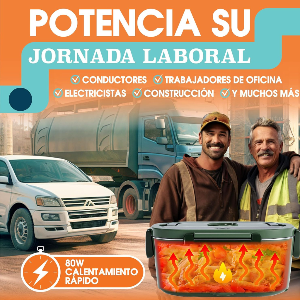 Fiambrera Eléctrica 80W para Comida Trabajo y Coche.  Marmita en Acero Inoxidable